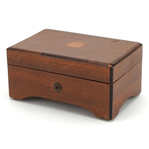 165 - Swiss inlaid mahogany music box with 2.5 inch brass cylinder playing three tunes, 7cm H x 13.5cm W x... 