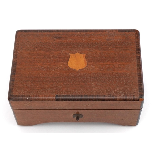 165 - Swiss inlaid mahogany music box with 2.5 inch brass cylinder playing three tunes, 7cm H x 13.5cm W x... 