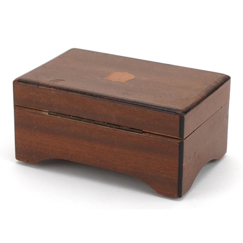 165 - Swiss inlaid mahogany music box with 2.5 inch brass cylinder playing three tunes, 7cm H x 13.5cm W x... 