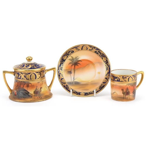 1305 - Noritake teaware hand painted with Arabs in a desert comprising coffee can with saucer and lidded su... 