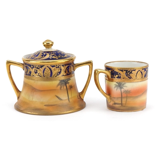 1305 - Noritake teaware hand painted with Arabs in a desert comprising coffee can with saucer and lidded su... 