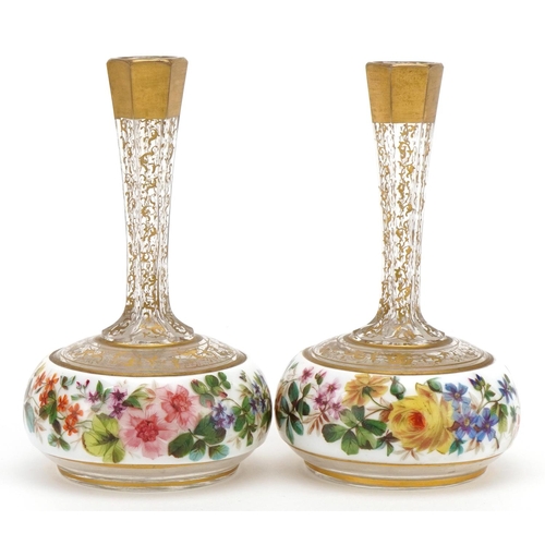 94 - Pair of 19th century Bohemian white overlaid glass vases hand painted and gilded with flowers, each ... 