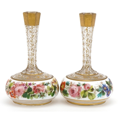 94 - Pair of 19th century Bohemian white overlaid glass vases hand painted and gilded with flowers, each ... 