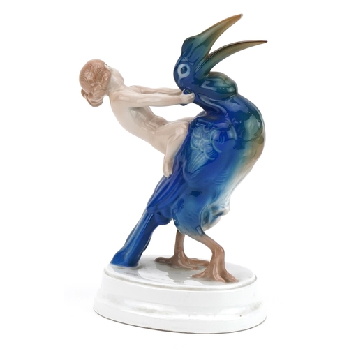 206 - Ferdinand Liebermann for Rosenthal, German porcelain figure group of a nude boy seated on a bird, 23... 