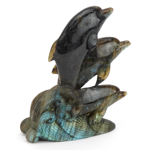 389 - Labradorite carving of three dolphins, 15cm high