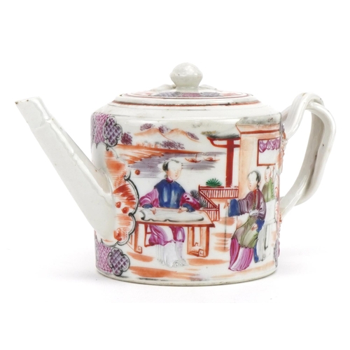13 - Chinese Mandarin porcelain teapot hand painted in the famille rose palette with figures in a palace ... 