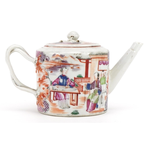 13 - Chinese Mandarin porcelain teapot hand painted in the famille rose palette with figures in a palace ... 