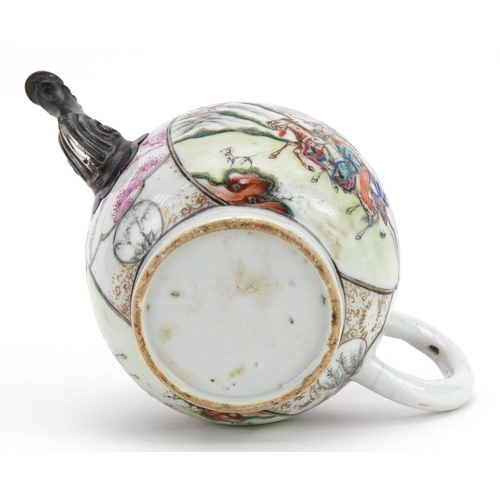 50 - Chinese porcelain teapot with white metal spout hand painted in the famille rose palette with panels... 