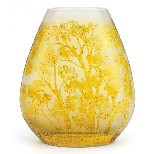 507 - Horna, Polish yellow art glass vase etched with stylised trees, 26cm high