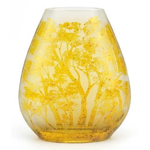 507 - Horna, Polish yellow art glass vase etched with stylised trees, 26cm high