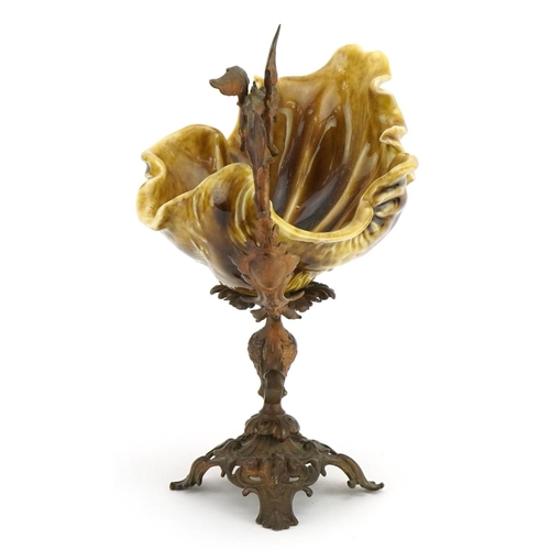 302 - 19th century continental gilt metal centrepiece with dragon handle and pottery shell shaped bowl, 27... 
