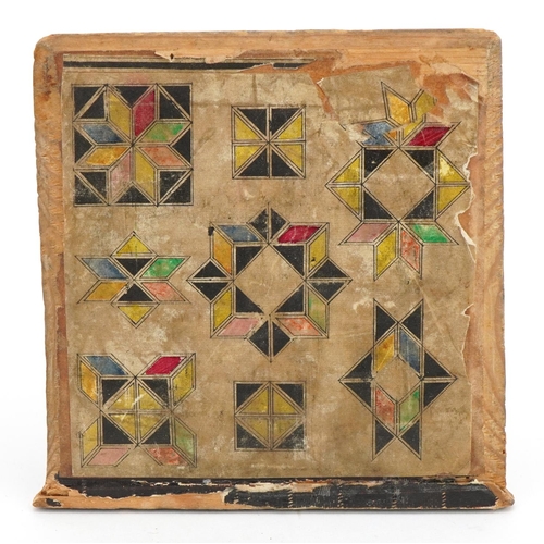 1442 - 19th century stellated Drawing in Colours puzzle with wooden box having a slide lid, 11.5cm x 11.5cm