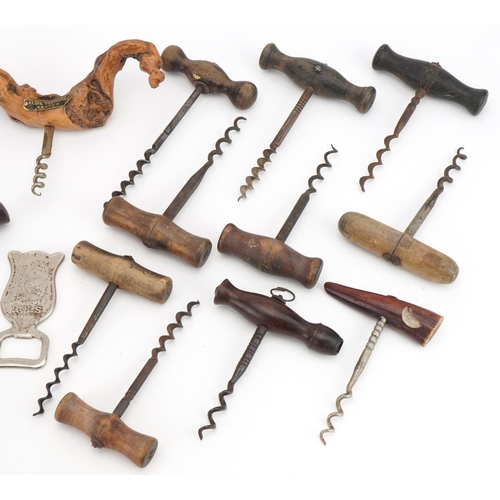 1180 - 19th century and later corkscrews including two with rosewood handles, the largest 13.5cm high