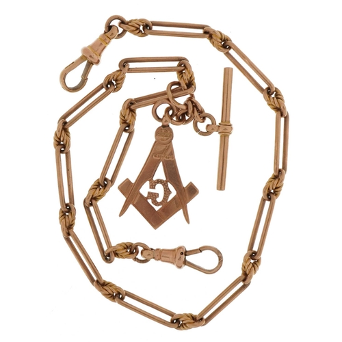 2034 - 9ct rose gold watch chain with masonic charm, T bar and dog clips, 38cm in length, 32.3g