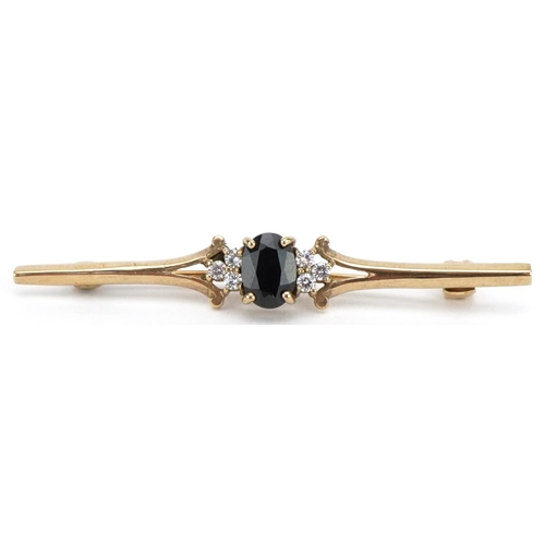 2246 - 9ct gold sapphire and clear stone bar brooch, the sapphire approximately 7.0mm x 5.0mm, 4.8cm wide, ... 