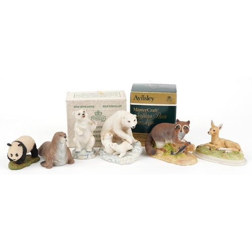 440 - Six Aynsley porcelain animals including walrus, polar bear and racoon, the largest 18cm in length