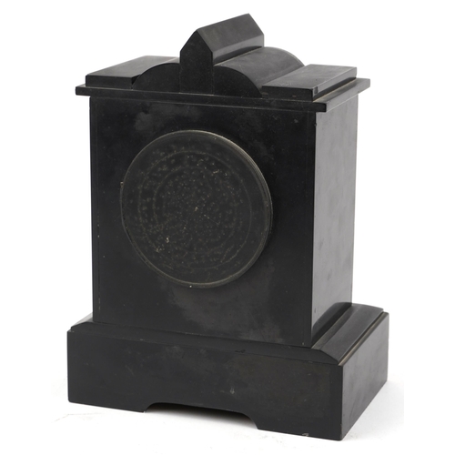 1185 - Victorian black slate and marble mantle clock with enameled dial having Roman numerals, impressed ho... 