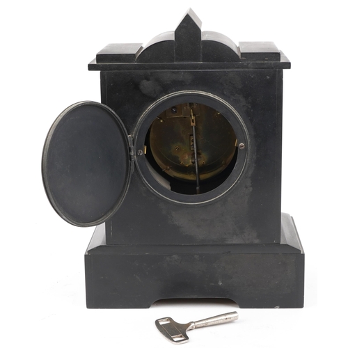 1185 - Victorian black slate and marble mantle clock with enameled dial having Roman numerals, impressed ho... 