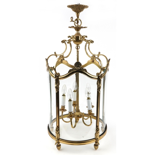 112 - Good quality Rococo style brass five branch hanging lantern with C scrolls and glass panels, 84cm hi... 