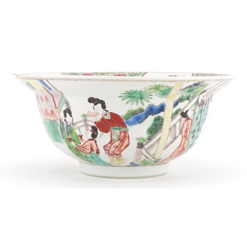 1297 - Chinese bowl hand painted in the famille verte palette with figures in a palace setting, Kangxi leaf... 