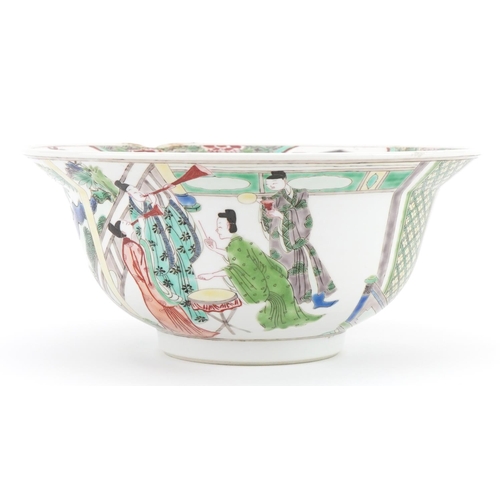 1297 - Chinese bowl hand painted in the famille verte palette with figures in a palace setting, Kangxi leaf... 