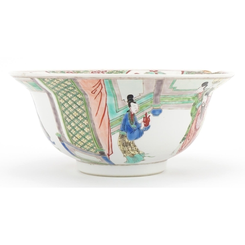 1297 - Chinese bowl hand painted in the famille verte palette with figures in a palace setting, Kangxi leaf... 