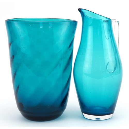 524 - Whitefriars aqua blue glass jug and writhen vase, the largest 22cm high