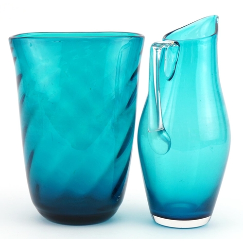 524 - Whitefriars aqua blue glass jug and writhen vase, the largest 22cm high