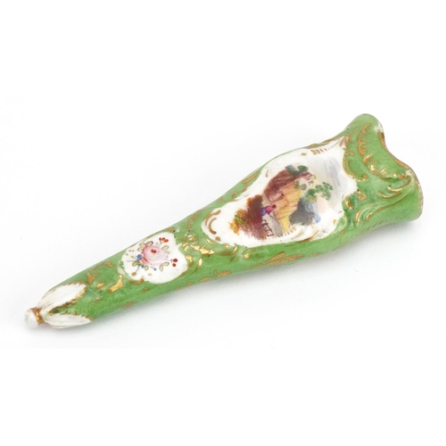 89 - Early 19th century Staffordshire scissor sheath hand painted with pastoral scene and flowers, 9cm in... 