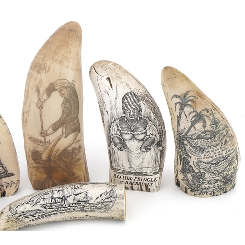 39 - Six scrimshaw style decorative tusks decorated with figures and ships, the largest 16cm high