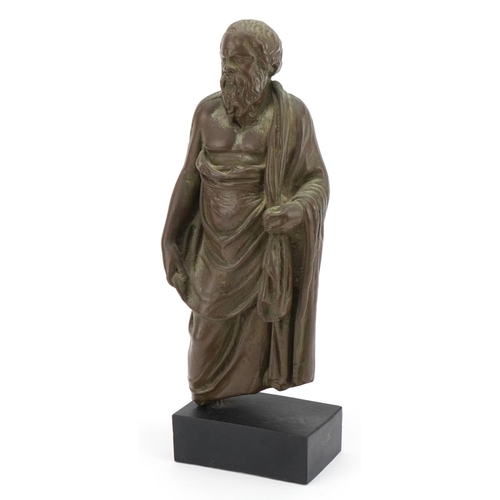 384 - Classical bronzed plaster sculpture of philosopher Socrates raised on a rectangular ebonised block b... 