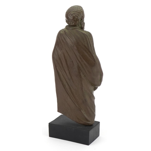 384 - Classical bronzed plaster sculpture of philosopher Socrates raised on a rectangular ebonised block b... 