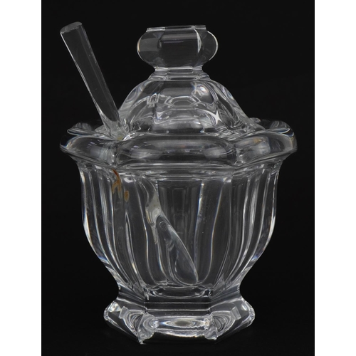 208 - Baccarat, French crystal sauce lidded preserve pot with spoon, 11.5cm high