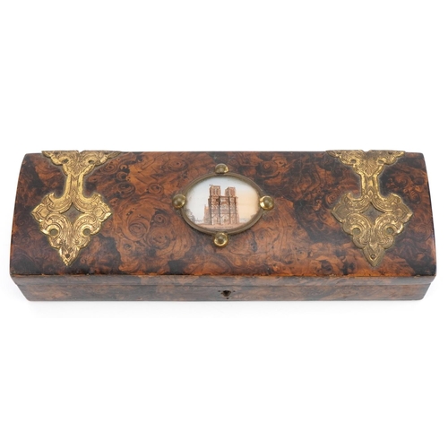 162 - 19th century burr dome topped glove box with applied brass strap work and oval panel depicting Notre... 