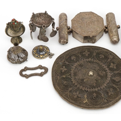 1179 - Tribal interest metalware and a horn scent bottle including a white metal box and a ring with caboch... 