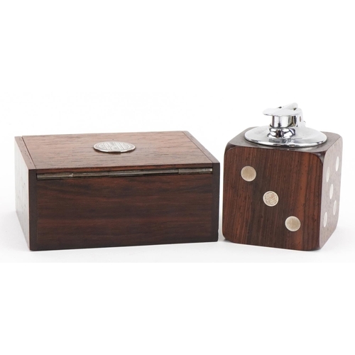 354 - Hans Hansen, Danish rosewood and 925S silver dice table lighter and cigar box, the largest 11cm wide