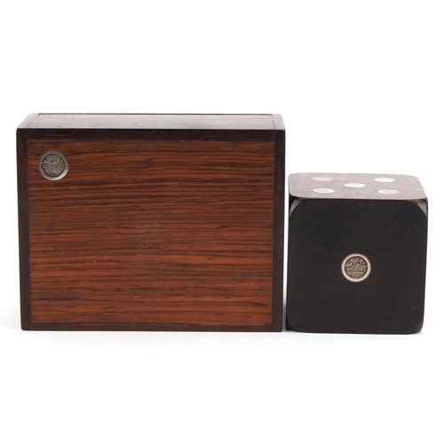 354 - Hans Hansen, Danish rosewood and 925S silver dice table lighter and cigar box, the largest 11cm wide