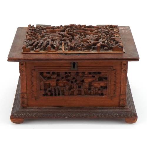 1221 - Chinese sandalwood casket for restoration profusely carved with figures amongst trees and pagodas, 8... 