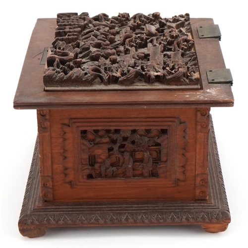 1221 - Chinese sandalwood casket for restoration profusely carved with figures amongst trees and pagodas, 8... 