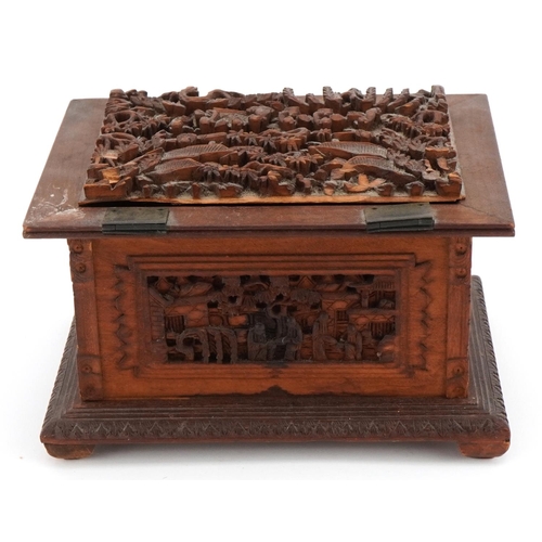 1221 - Chinese sandalwood casket for restoration profusely carved with figures amongst trees and pagodas, 8... 