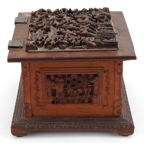 1221 - Chinese sandalwood casket for restoration profusely carved with figures amongst trees and pagodas, 8... 