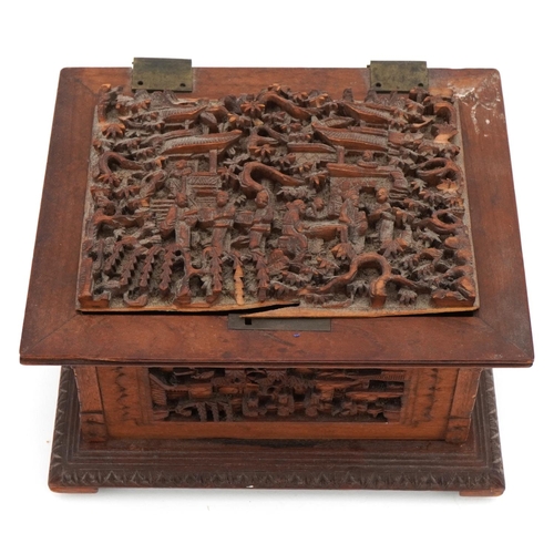 1221 - Chinese sandalwood casket for restoration profusely carved with figures amongst trees and pagodas, 8... 