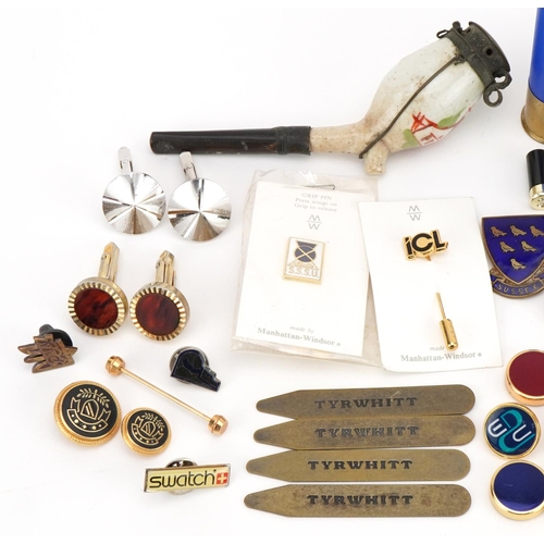 1225 - Sundry items including enamelled cufflinks, enamelled badges and a European Meerschaum pipe