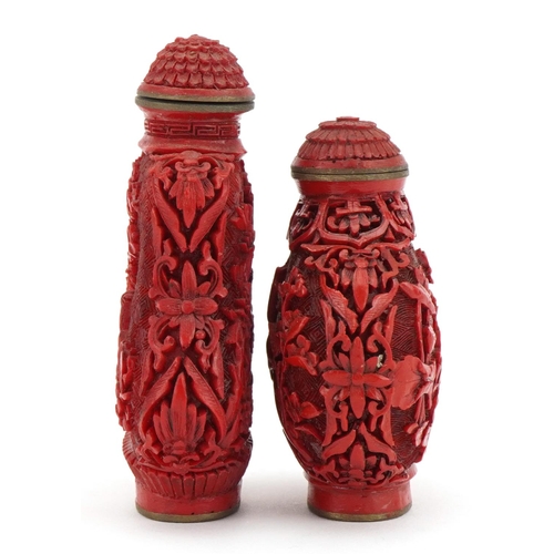 1226 - Two Chinese cinnabar lacquer snuff bottles with stoppers, 7cm high