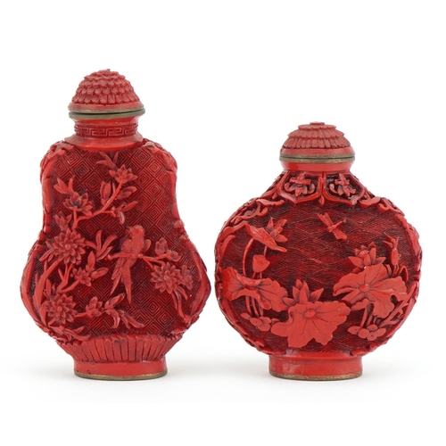 1226 - Two Chinese cinnabar lacquer snuff bottles with stoppers, 7cm high