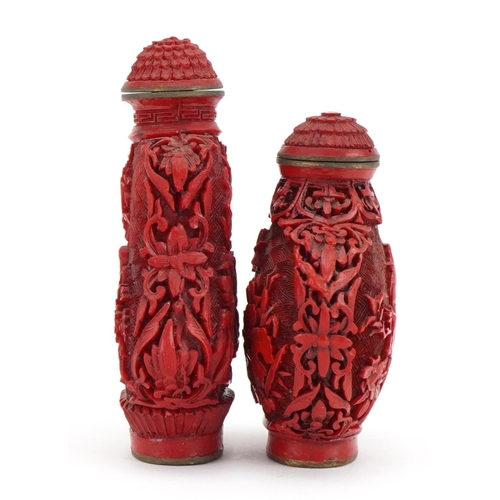 1226 - Two Chinese cinnabar lacquer snuff bottles with stoppers, 7cm high