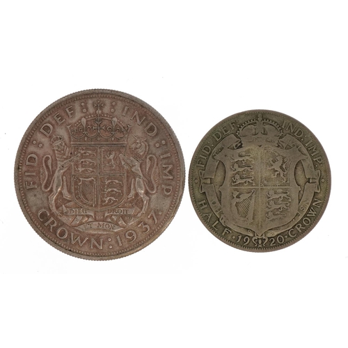 1574 - George VI 1937 crown and George V 1920 half crown, total 42.0g