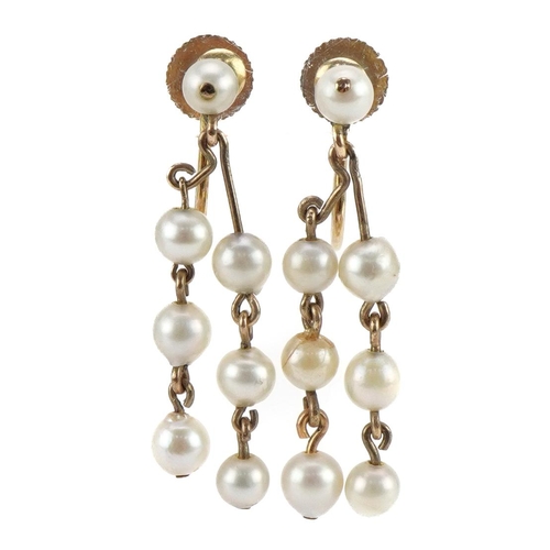 2063 - Pair of 9ct gold pearl drop earrings with screw backs, 2.6cm high, 2.0g