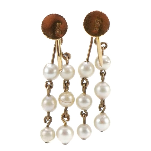 2063 - Pair of 9ct gold pearl drop earrings with screw backs, 2.6cm high, 2.0g