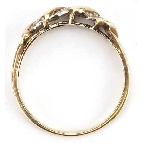 2163 - 9ct gold clear stone crossover ring, size U, 2.1g